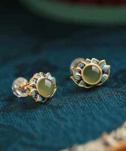 Ancient Style Retro Lotus and Hetian Jade Pure Silver Earrings for Women, Niche Enamel Design, High-Quality Fashion Jewelry