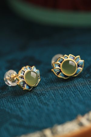 Ancient Style Retro Lotus and Hetian Jade Pure Silver Earrings for Women, Niche Enamel Design, High-Quality Fashion Jewelry