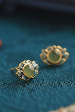 Ancient Style Retro Lotus and Hetian Jade Pure Silver Earrings for Women, Niche Enamel Design, High-Quality Fashion Jewelry