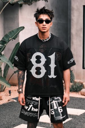 Angel Light Cross Print Mesh Jersey Short Sleeve T-Shirt - Summer Hip Hop Streetwear Top, Urban Style, Y2K Fashion