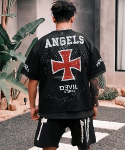 Angel Light Cross Print Mesh Jersey Short Sleeve T-Shirt - Summer Hip Hop Streetwear Top, Urban Style, Y2K Fashion