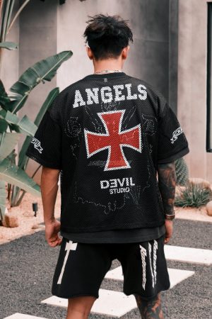 Angel Light Cross Print Mesh Jersey Short Sleeve T-Shirt - Summer Hip Hop Streetwear Top, Urban Style, Y2K Fashion