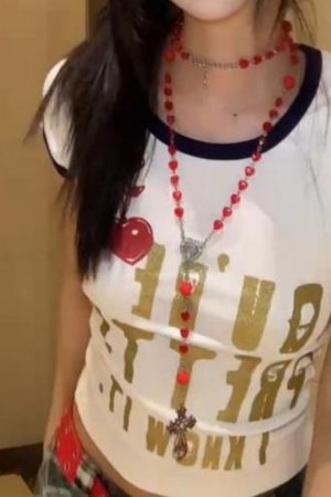Angola Red Bead Cross Necklace Long Style Zodiac Year Goth Baddie Y2K Aesthetic Sweater Chain Accessory
