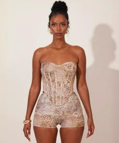 Animal Print Irregular Strapless Tank Top and Shorts Two-Piece Set - European and American Style Vacation Outfit for Women