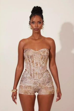 Animal Print Irregular Strapless Tank Top and Shorts Two-Piece Set - European and American Style Vacation Outfit for Women