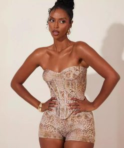 Animal Print Irregular Strapless Tank Top and Shorts Two-Piece Set - European and American Style Vacation Outfit for Women