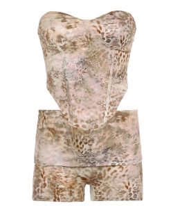 Animal Print Irregular Strapless Tank Top and Shorts Two-Piece Set - European and American Style Vacation Outfit for Women