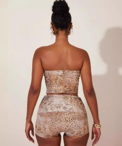 Animal Print Irregular Strapless Tank Top and Shorts Two-Piece Set - European and American Style Vacation Outfit for Women