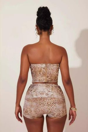 Animal Print Irregular Strapless Tank Top and Shorts Two-Piece Set - European and American Style Vacation Outfit for Women