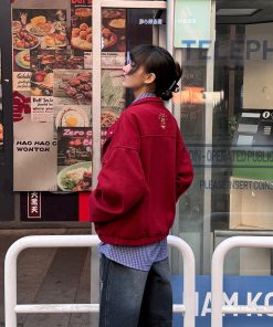 Ankara Red Stand Collar Wool Coat for Women - Stylish Spring Work Jacket with High-End Feel, Perfect for 90s and Y2K Fashion Trends