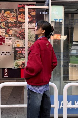 Ankara Red Stand Collar Wool Coat for Women - Stylish Spring Work Jacket with High-End Feel, Perfect for 90s and Y2K Fashion Trends