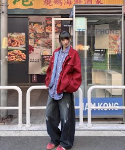 Ankara Red Stand Collar Wool Coat for Women - Stylish Spring Work Jacket with High-End Feel, Perfect for 90s and Y2K Fashion Trends