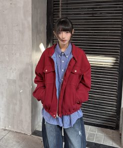 Ankara Red Stand Collar Wool Coat for Women - Stylish Spring Work Jacket with High-End Feel, Perfect for 90s and Y2K Fashion Trends