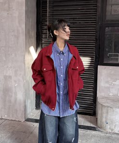 Ankara Red Stand Collar Wool Coat for Women - Stylish Spring Work Jacket with High-End Feel, Perfect for 90s and Y2K Fashion Trends