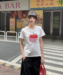 Apple Print Slim Fit Shoulder T-Shirt for Women - Summer Short Sleeve Pure Cotton Top in American Vintage Style