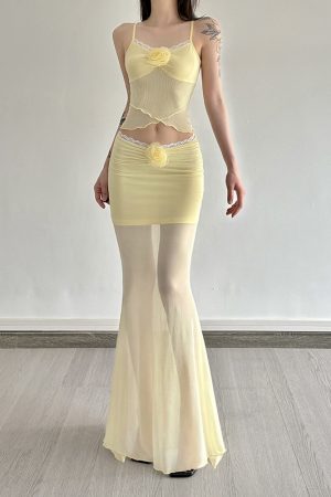 Apricot Blossom Light Rain Soft Yellow Vacation Style Mesh Two-Piece Set with Camisole and Draped Mermaid Skirt - Y2K Fashion