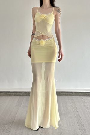 Apricot Blossom Light Rain Soft Yellow Vacation Style Mesh Two-Piece Set with Camisole and Draped Mermaid Skirt - Y2K Fashion