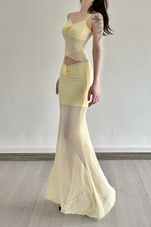Apricot Blossom Light Rain Soft Yellow Vacation Style Mesh Two-Piece Set with Camisole and Draped Mermaid Skirt - Y2K Fashion