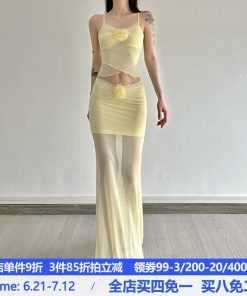Apricot Blossom Light Rain Soft Yellow Vacation Style Mesh Two-Piece Set with Camisole and Draped Mermaid Skirt - Y2K Fashion