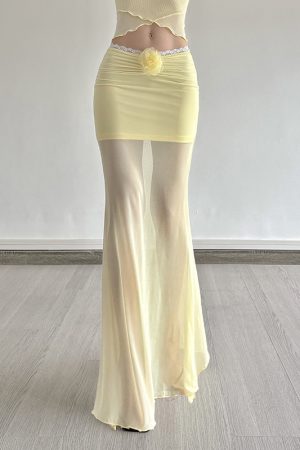 Apricot Blossom Light Rain Soft Yellow Vacation Style Mesh Two-Piece Set with Camisole and Draped Mermaid Skirt - Y2K Fashion