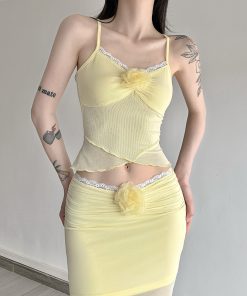 Apricot Blossom Light Rain Soft Yellow Vacation Style Mesh Two-Piece Set with Camisole and Draped Mermaid Skirt - Y2K Fashion