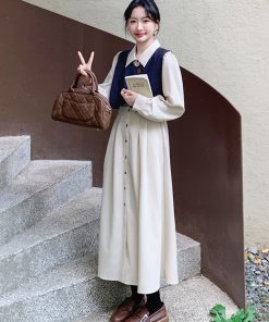 Apricot Color College Style Shirt Dress with Denim Vest Two-Piece Set - 2025 Spring Korean Style Fashion Outfit