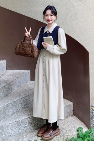 Apricot Color College Style Shirt Dress with Denim Vest Two-Piece Set - 2025 Spring Korean Style Fashion Outfit