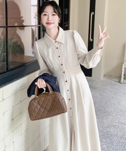 Apricot Color College Style Shirt Dress with Denim Vest Two-Piece Set - 2025 Spring Korean Style Fashion Outfit