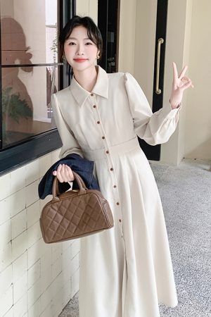 Apricot Color College Style Shirt Dress with Denim Vest Two-Piece Set - 2025 Spring Korean Style Fashion Outfit