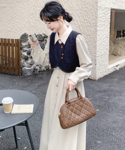 Apricot Color College Style Shirt Dress with Denim Vest Two-Piece Set - 2025 Spring Korean Style Fashion Outfit