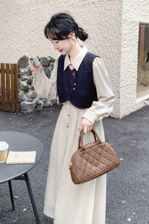 Apricot Color College Style Shirt Dress with Denim Vest Two-Piece Set - 2025 Spring Korean Style Fashion Outfit