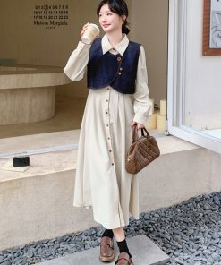 Apricot Color College Style Shirt Dress with Denim Vest Two-Piece Set - 2025 Spring Korean Style Fashion Outfit