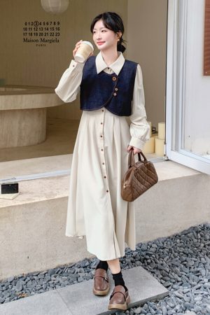 Apricot Color College Style Shirt Dress with Denim Vest Two-Piece Set - 2025 Spring Korean Style Fashion Outfit