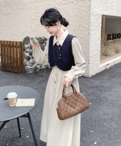 Apricot Color College Style Shirt Dress with Denim Vest Two-Piece Set - 2025 Spring Korean Style Fashion Outfit
