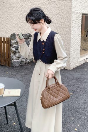 Apricot Color College Style Shirt Dress with Denim Vest Two-Piece Set - 2025 Spring Korean Style Fashion Outfit