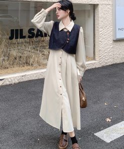 Apricot Color College Style Shirt Dress with Denim Vest Two-Piece Set - 2025 Spring Korean Style Fashion Outfit