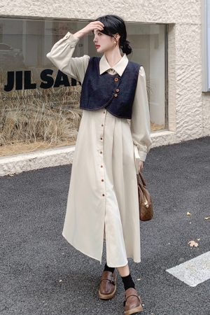 Apricot Color College Style Shirt Dress with Denim Vest Two-Piece Set - 2025 Spring Korean Style Fashion Outfit