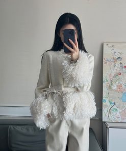 Apricot Color Heavy Embellished Spliced Jacket for Women - High-End Fashion Spring 2025 Style with Chic Detailing