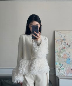 Apricot Color Heavy Embellished Spliced Jacket for Women - High-End Fashion Spring 2025 Style with Chic Detailing