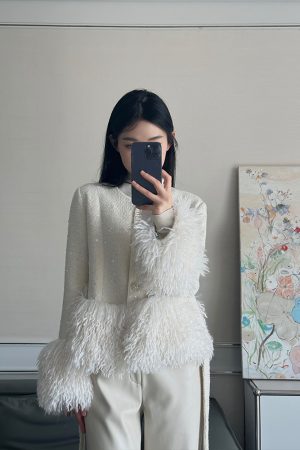Apricot Color Heavy Embellished Spliced Jacket for Women - High-End Fashion Spring 2025 Style with Chic Detailing