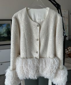 Apricot Color Heavy Embellished Spliced Jacket for Women - High-End Fashion Spring 2025 Style with Chic Detailing