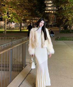 Apricot Fox Fur Short Coat for Women - Luxe High-End Socialite Style, Chic Outerwear for Events and Parties