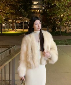 Apricot Fox Fur Short Coat for Women - Luxe High-End Socialite Style, Chic Outerwear for Events and Parties