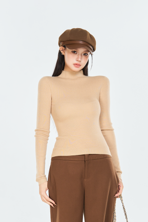 Apricot Half-High Collar Long Sleeve Knitted Sweater for Women - Winter Slim Fit Pullover in Cozy Elastic Style