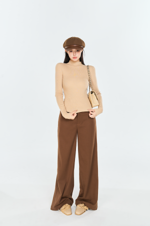 Apricot Half-High Collar Long Sleeve Knitted Sweater for Women - Winter Slim Fit Pullover in Cozy Elastic Style