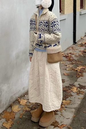 Apricot Quilted Midi Skirt with Elastic Waist - Pumpkin Korean Retro Design for Autumn/Winter Fashion