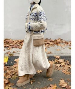 Apricot Quilted Midi Skirt with Elastic Waist - Pumpkin Korean Retro Design for Autumn/Winter Fashion