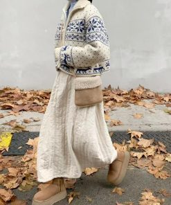 Apricot Quilted Midi Skirt with Elastic Waist - Pumpkin Korean Retro Design for Autumn/Winter Fashion