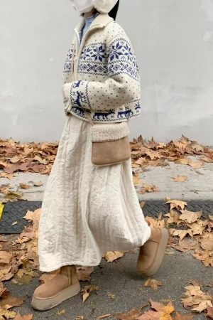 Apricot Quilted Midi Skirt with Elastic Waist - Pumpkin Korean Retro Design for Autumn/Winter Fashion