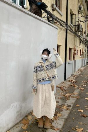 Apricot Quilted Midi Skirt with Elastic Waist - Pumpkin Korean Retro Design for Autumn/Winter Fashion